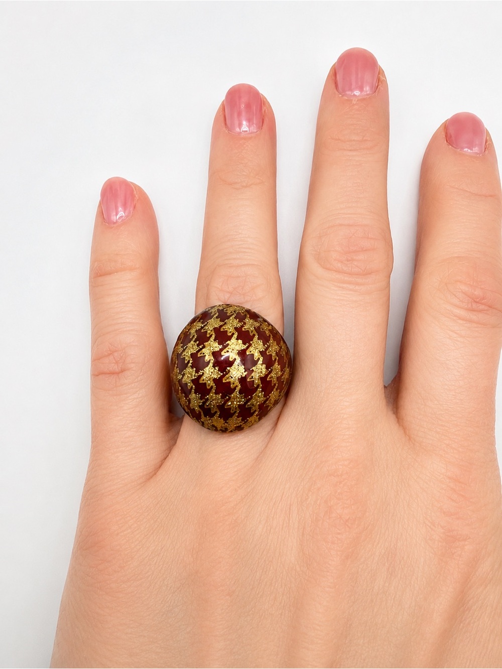 Vtg '70s Lucite Resin Ring 7 Gold Houndstooth Tortoise Brown Dome Cocktail Amber